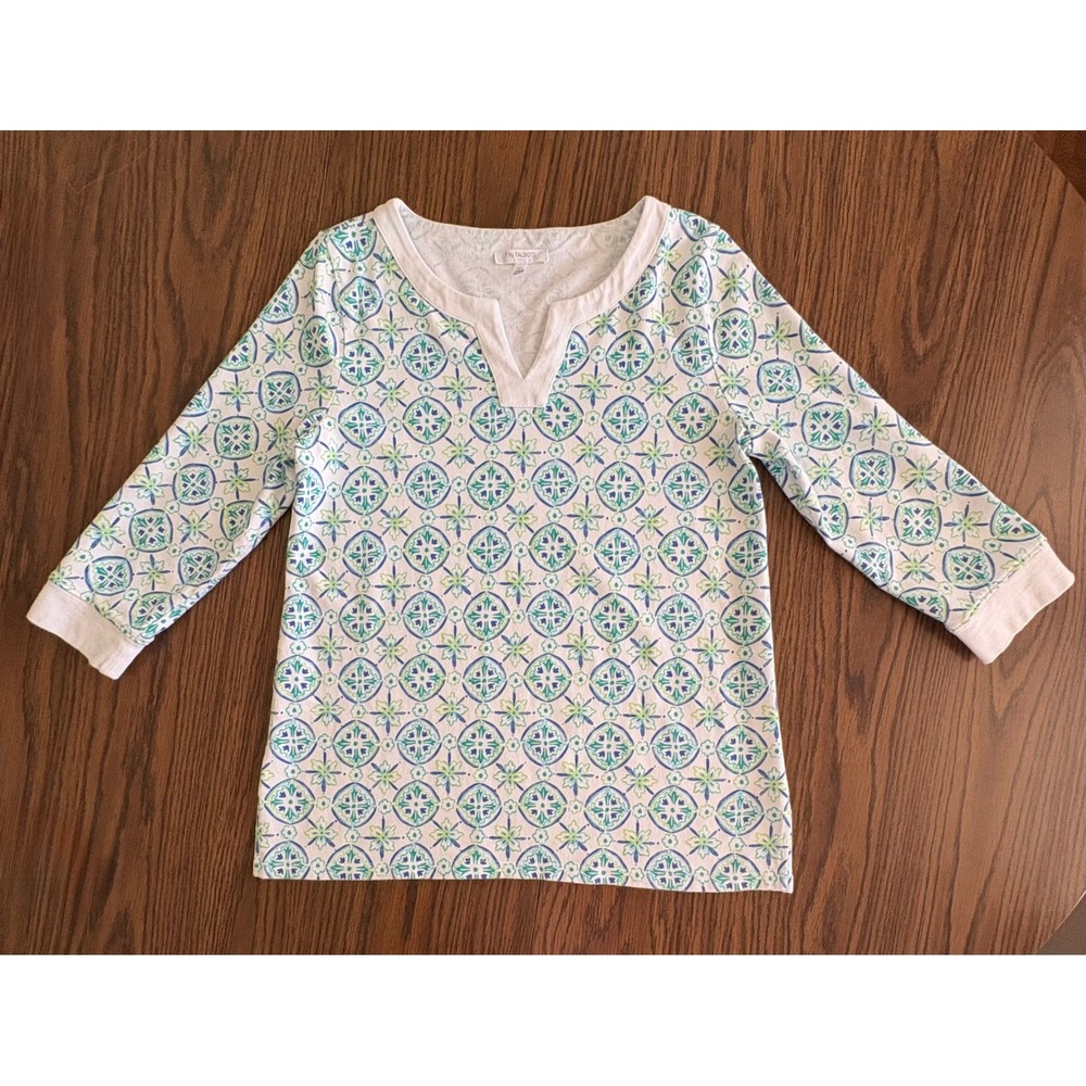 T by Talbots Womens Top MP White Blue Green Medallion 3/4 Sleeve Split Neck